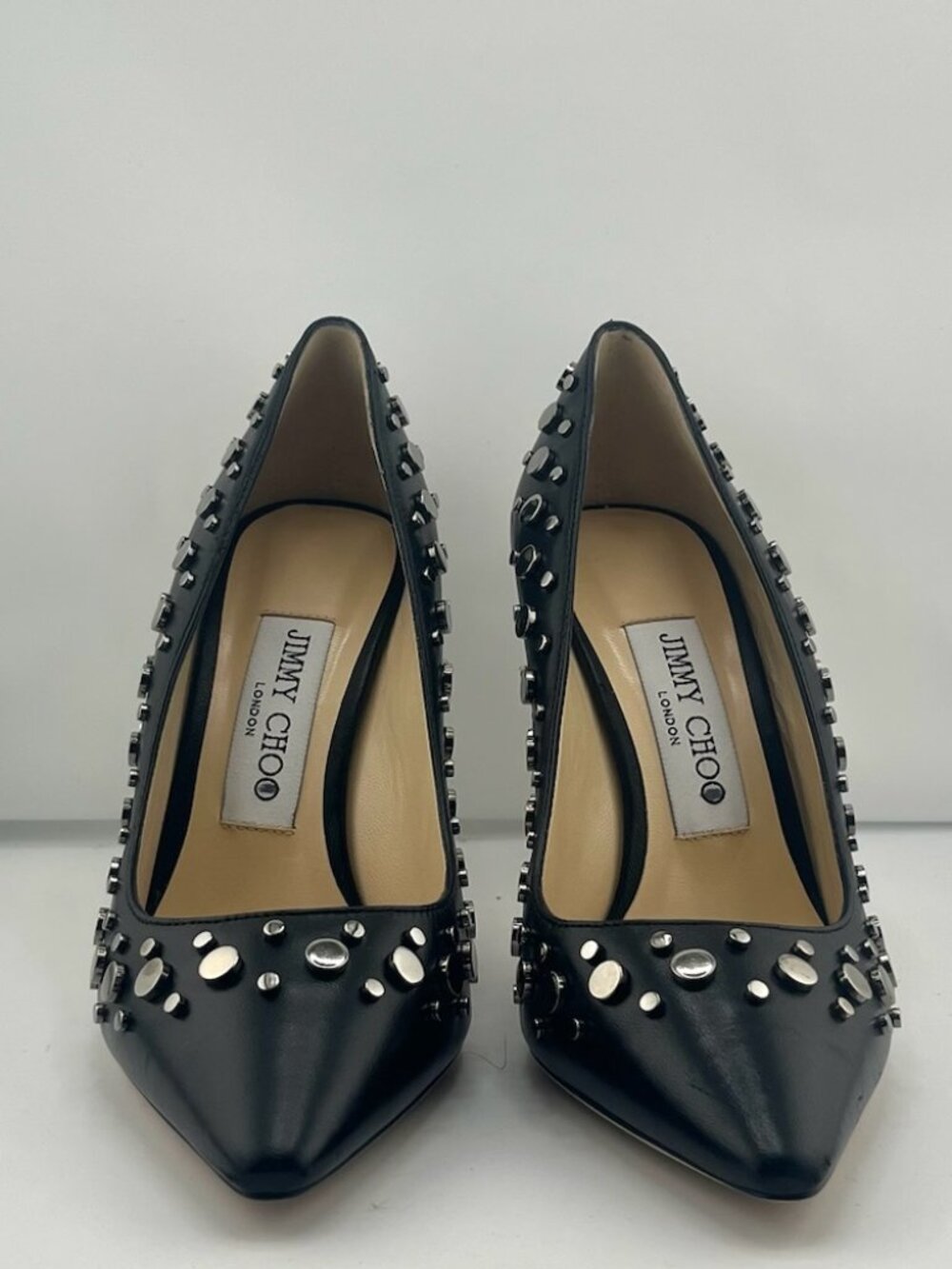 #S10 Jimmy Choo Romy 100 Black Nappa Pointy Toe Pumps w/ Anthracite Studs